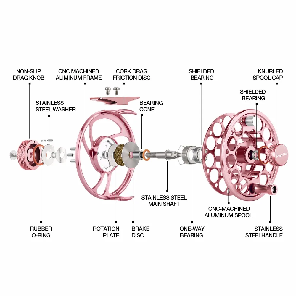 Piscifun розовый меч нахлыстовая катушка из сплава, изготовленные на станке с ЧПУ Алюминиевый Материал 3/4/5/6/7/8/9/10 WT правой и левой руки Рыболовная катушка маховика