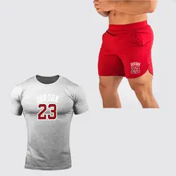 Новая мужская летняя спортивная фуфайка футболка + Мужская Тонкий Шорты спортивная марка Jordan 23 печать футболки кофта для бега