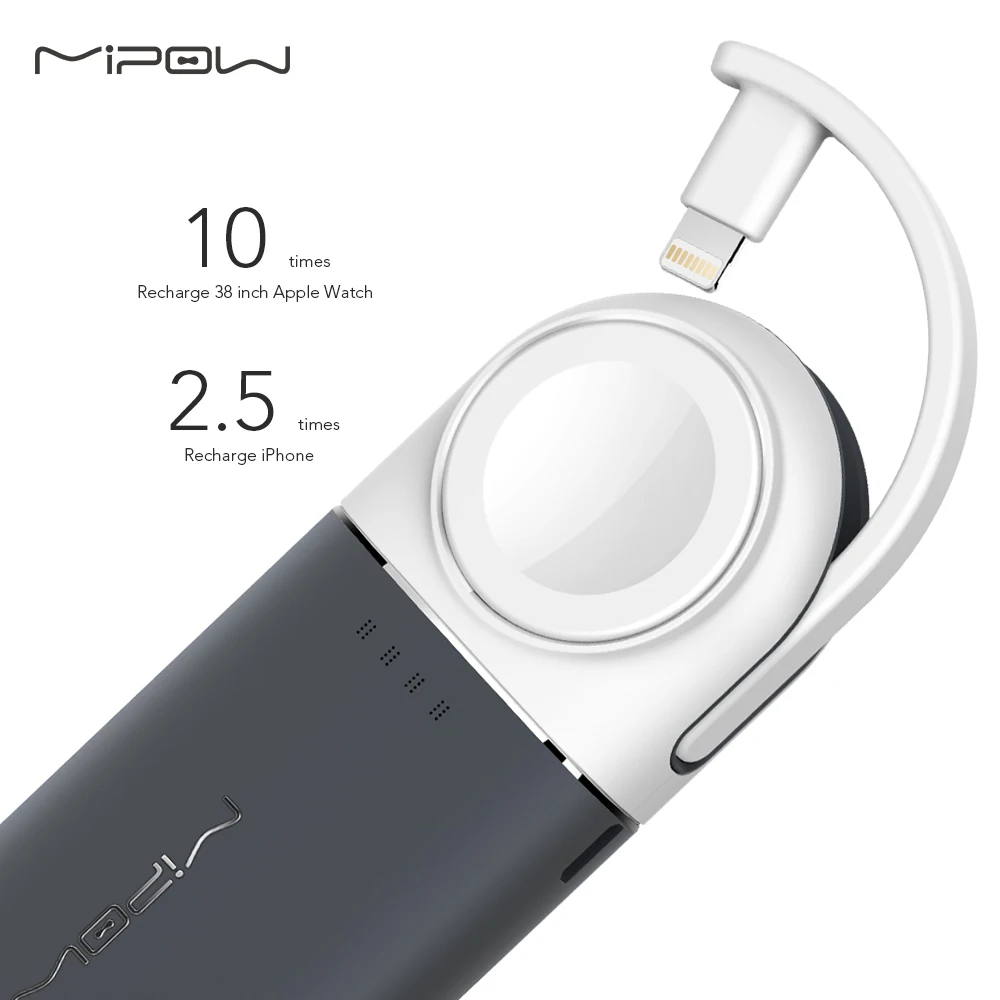  MIPOW Wireless Charger for Apple Watch Portable Power Bank with Built-in Lightning Cable for iPhone