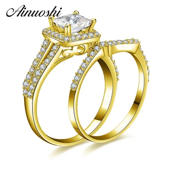 

AINUOSHI 14K Solid Yellow Gold Square Halo Ring Set 1 Carat Prince Cut Simulated Diamond Jewelry Prong Setting Bridal Ring Sets