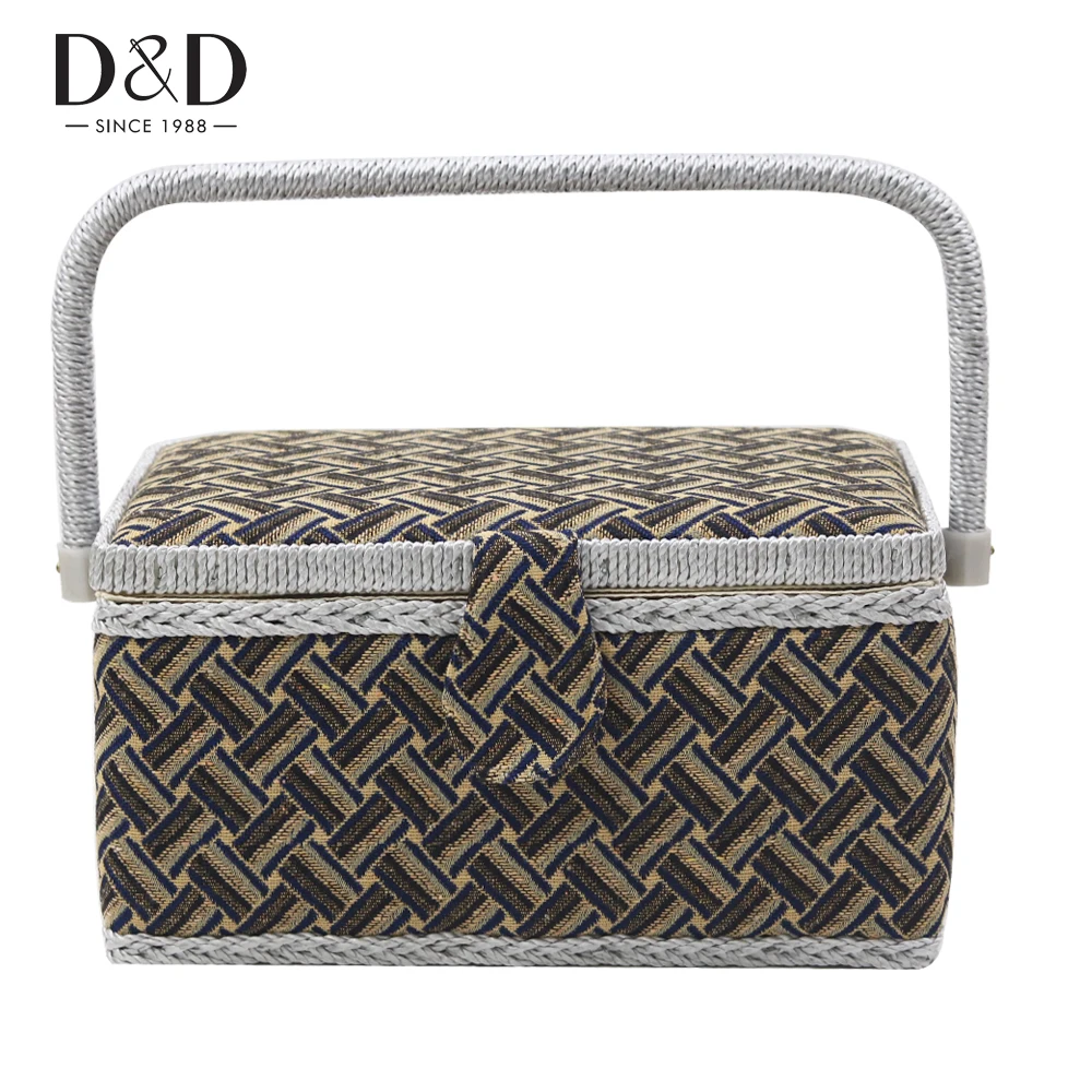 

D&D Household Gift Box Wood&Fabric Sewing Storage Basket with Sewing Accessories Tools Box 27.5*17.5*14CM