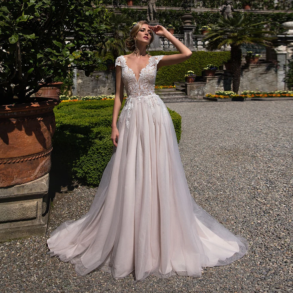 Liyuke Champagne Color Tulle A Line Wedding Dress Deep V Neck