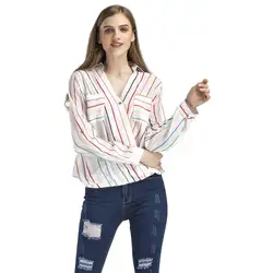 2018 модные женские туфли Рубашка в полоску женские v-образным вырезом контрастного Цвет с длинными рукавами шифоновая рубашка Кнопка Блузка