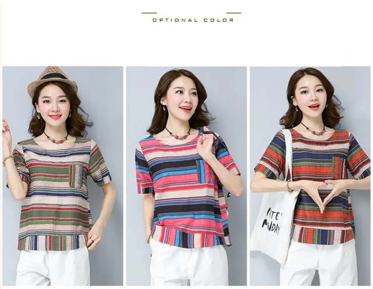 Cotton Linen Blouse Shirt Female Colourful Striped Tops Ladies 2018 New Summer Short Sleeve Women Shirts Rayas Blusas Mujer Mode (1)