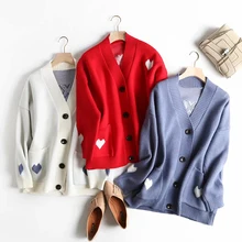 Осенне-зимний милый синий кардиган с принтом сердца, джемперы, Женский шикарный однобортный красный свитер для милой девушки, милый вязаный