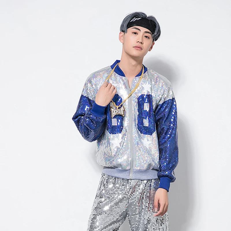 

Unisex Fashion Show Boutique Clothing Mens Sequins Bomber Jacket and Knee Length Pants Casual Two Piece Sets Dance Wear