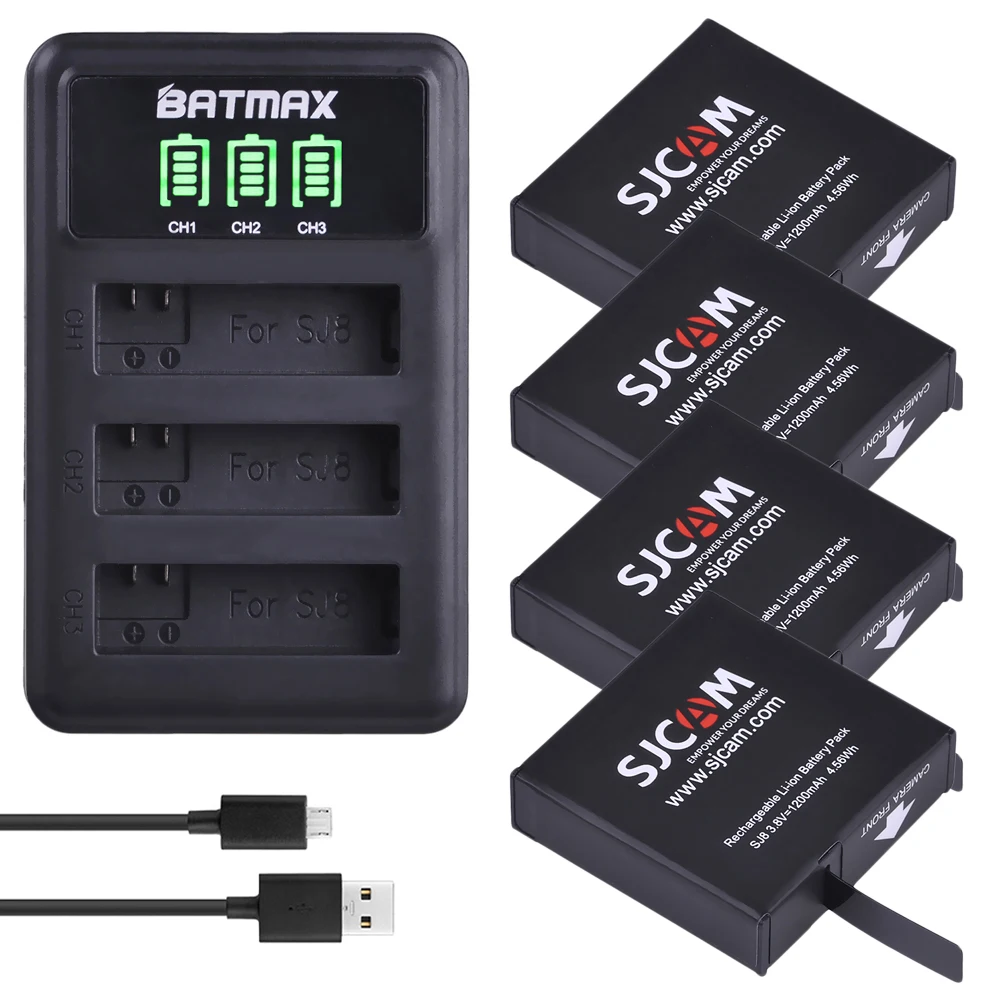 4Pcs 1200mAh Original SJCAM SJ8 Series Battery LED 3 Slots USB Charger for SJCAM SJ8 Pro