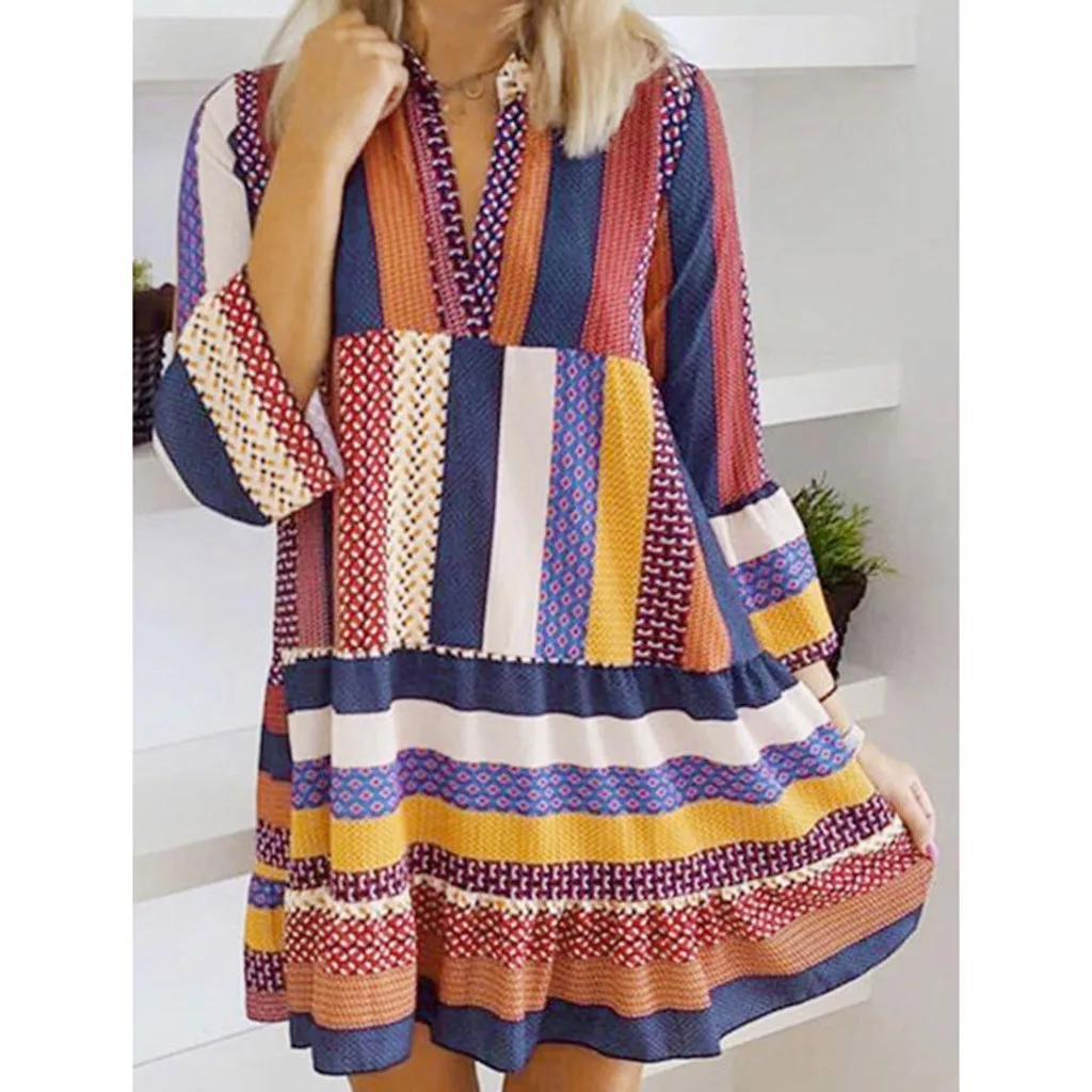 Feitong Fashion Dress Women Vestidos Autumn Plus Size Bohemian Ethnic Floral Stripes Long Sleeve V-Neck Dresses платье летнее