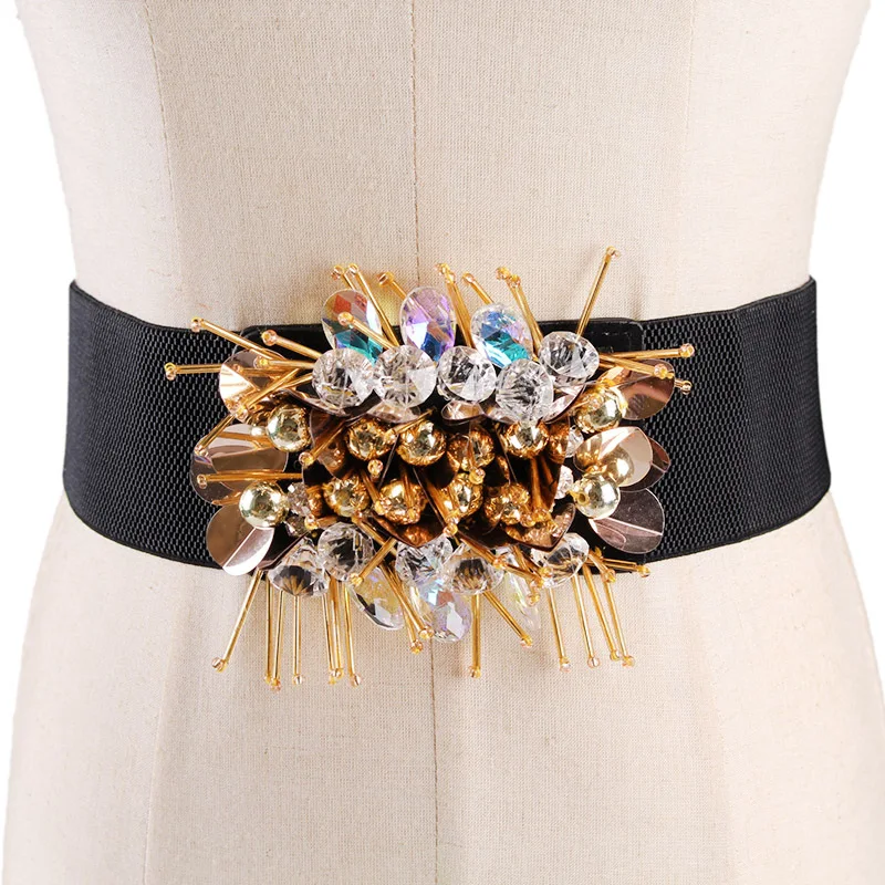 White Golden Rhinestone Beads Waist Belts High Elastic Corset Waist