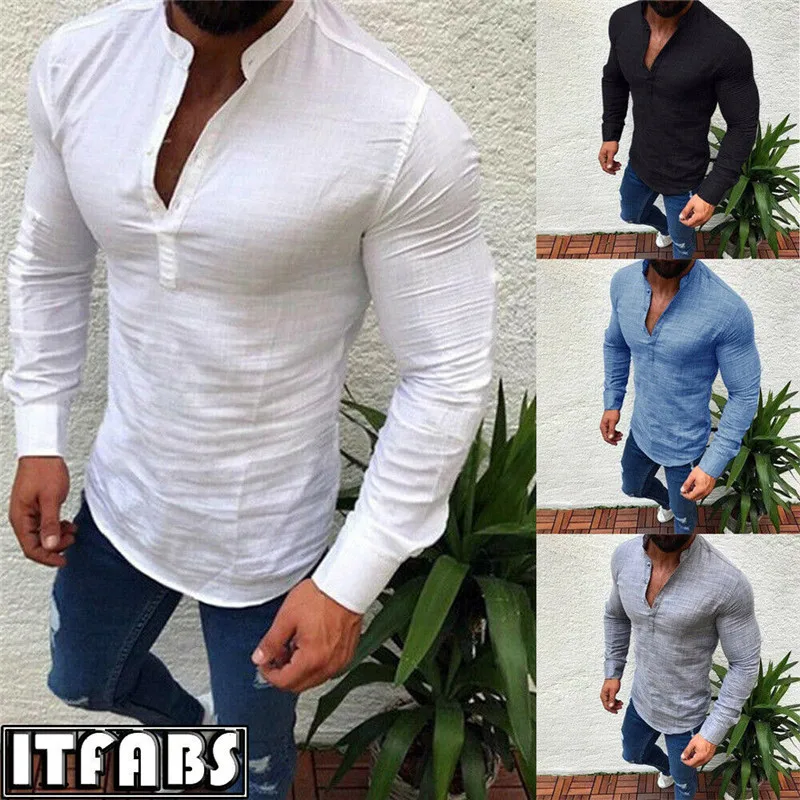 

Casual Men Linen Blend Shirts Long Sleeve Tight Shirts Men Spring Summer Shirts Breathable Soft V-Neck Tops Solid Color