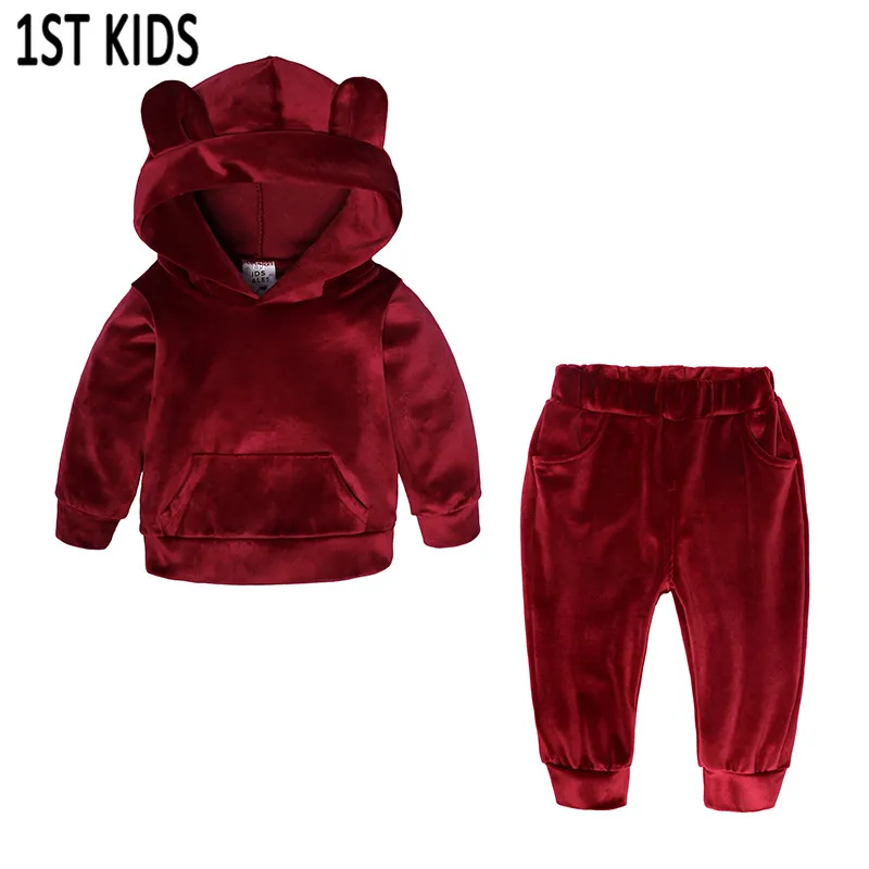 DB481Children Clothing Boys Set Fall Winter Kids Baby Clothes Sets Bear Ears Long Sleeve Silver Fox Villus Boy Girl Sport Suits | Мать и