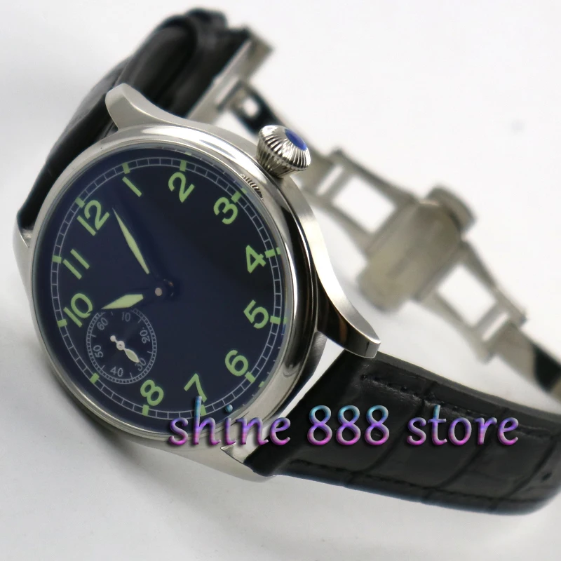 

44mm parnis black dial Black strap ST 3600 hand winding 6497 mechanical mens watch