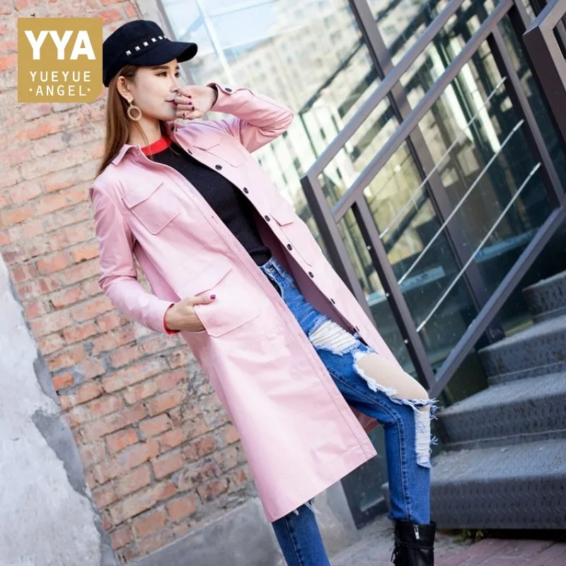 

2019 New Women Single Breasted Pink Mid Long Genuine Leather Coats Fashion Natural Sheep Leather Trench Slim Fit Luxury Jacket