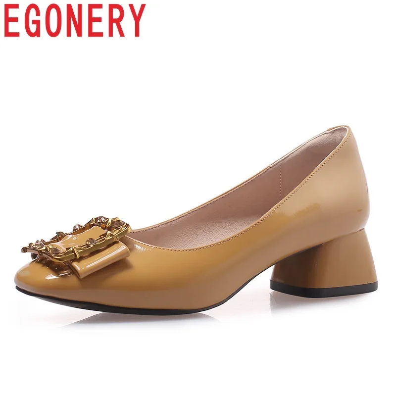 

EGONERY shoes women 2019 spring new fashion metal decoration patent leather women pumps 3 cm square heel shallow slip-on shoes