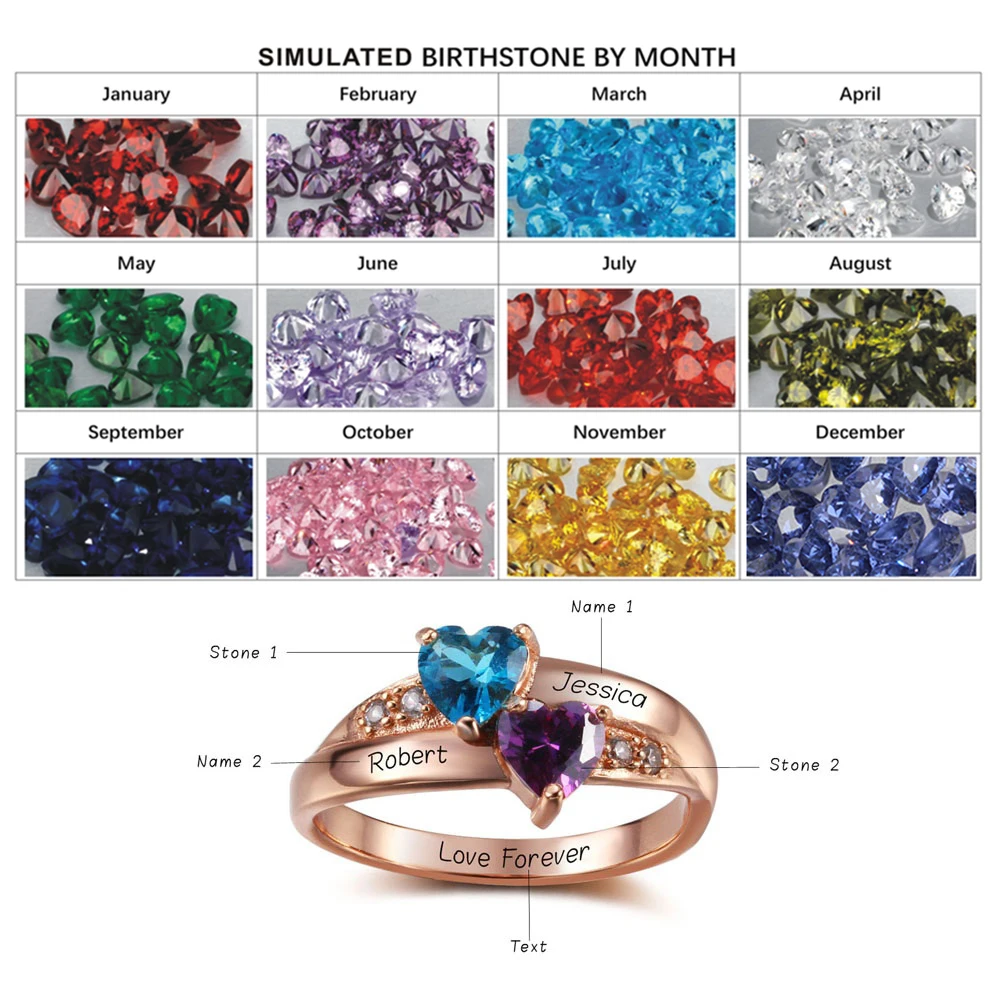 Birthstone Heart Rings Personalized Jewelry Engrave 925 Sterling Silver CZ Rings Birthday Gift For Girls (JewelOra RI102347)