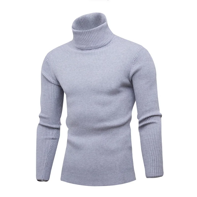 Высококачественный теплый мужской свитер с высоким воротом, модный однотонный вязаный мужской свитер, повседневный тонкий пуловер, мужской топ с двойным воротником - Цвет: Light Gray1