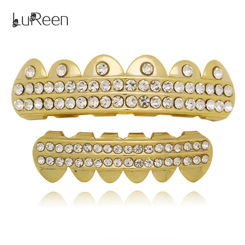 

LuReen New Rhinestone Gold Teeth Grills Top&Bottom Hiphop Grills Dental Caps Mouth Halloween Tooth Grills Party Jewelry