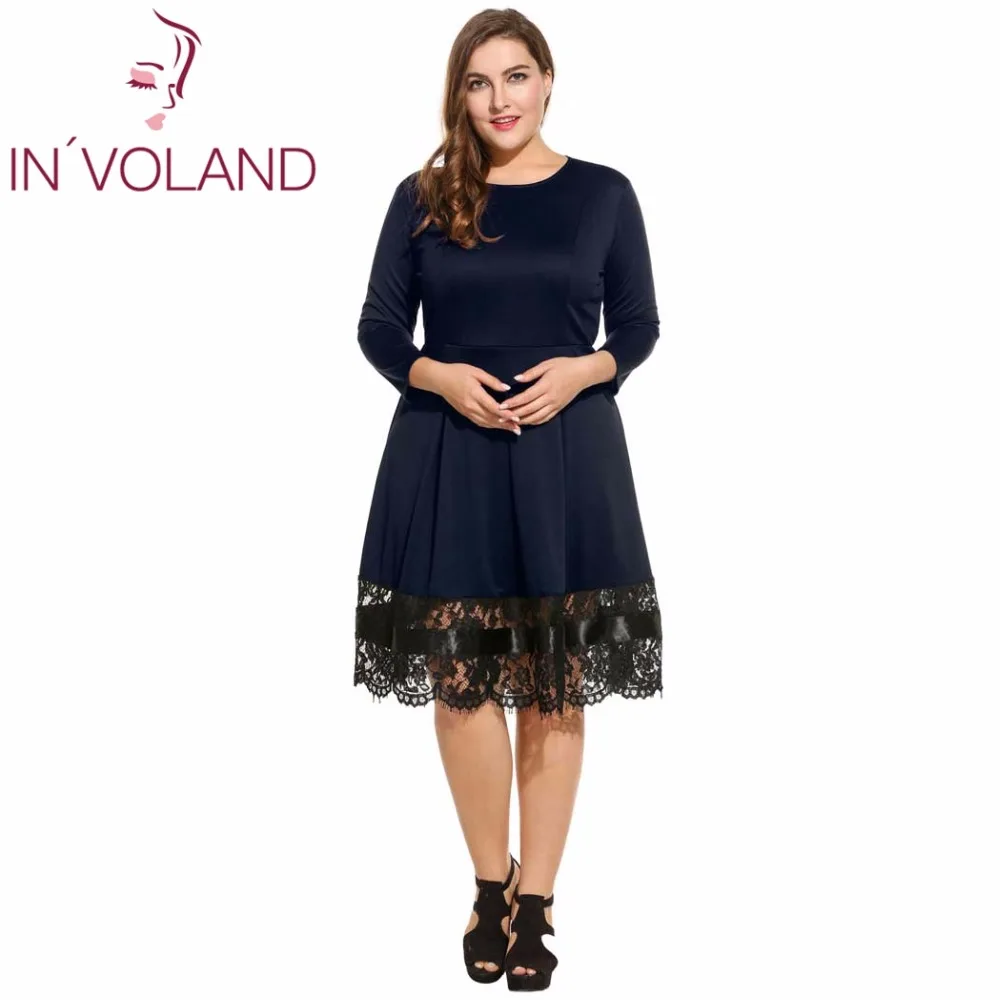 

IN'VOLAND Women Dress Oversize 2018 New Casual O-Neck Three Quarter Sleeve Lace Hem Pleated Plus Size Feminino Dresses Large 4XL