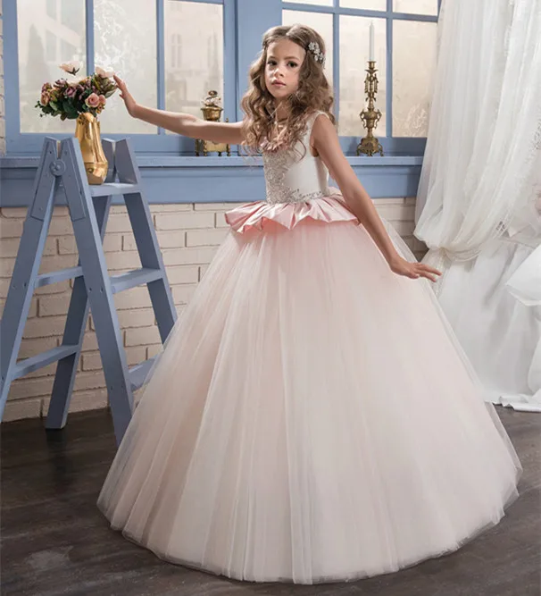 

New Pink Girls First Communion Dresses Ball Gown Beading Sleeveless O-Neck Formal Flower Girl Dresses Vestidos Hot Sale