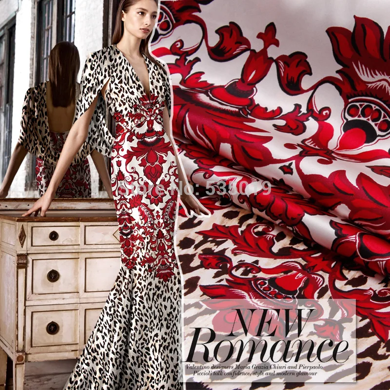 

Red flowers Leopard print fashion new arrival elastic sericiculture silk satin dress clothes fabric textile Wholesale/retail