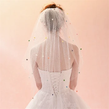 

ISHSY New Short Double Layers white Ivory Grid Tulle Bridal weeding Veils with comb Colorful Balls Voiles Mariage velos de novia