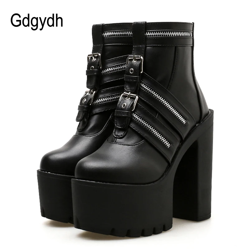 

Gdgydh Free Shipping Women Ankle Leather Boots Platform Heels Rubber Sole Zipper Casual Shoes Black High Heels Female Shoes