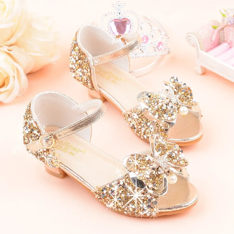 2019 Girls Rhinestone Open-toed High-Heeled Sandals, Kids Bow-knot Pearl Performance Dance Princess Glitter Shining Summer Shoes (2)