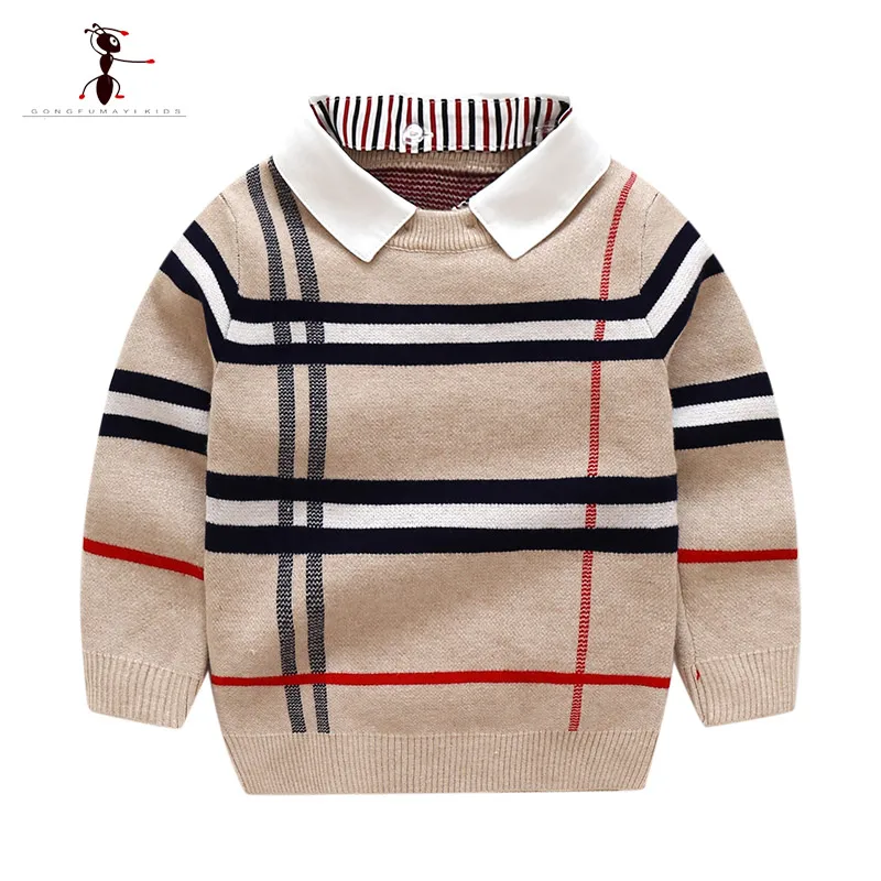 

Kung Fu Ant 2018 Autumn Boys Sweater Plaid Children Knitwear Boys Cotton Pullover Dual collar Sweater Kids Fashion Outerwear