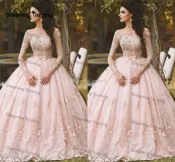 Vestidos de 15 Негро розовый с длинным рукавом Quinceanera платье бальное кружевная Апликация Лук Sheer средства ухода за кожей Шеи сладкий 16 дебютантка