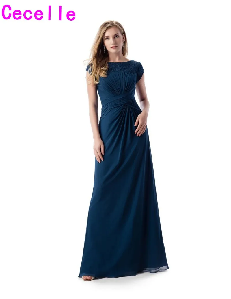 Lace Ruched Chiffon A line Long Modest Bridesmaid Dresses With Cap