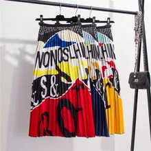 Новые летние женские с высокой талией с буквенным принтом длинная Плиссированная юбка Европейский Стиль эластичная талия до середины икры линия макси юбка Faldas