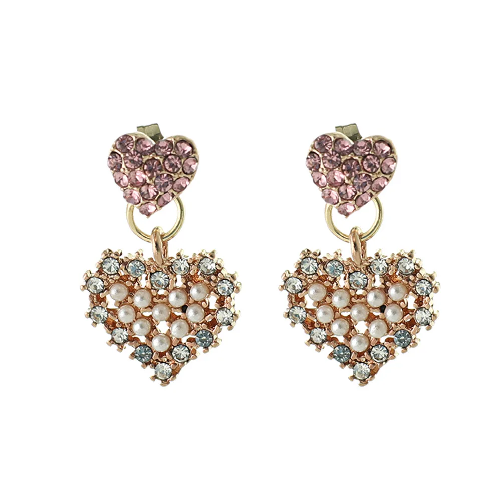Pink Love heart Earrings rhinestone and pearl decoration fashion