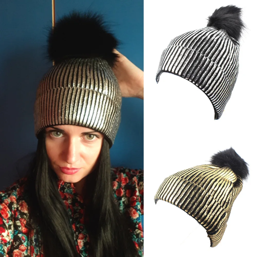 New Autumn And Winter European And American Style Women Hat Solid Color Bronzing Pinstripe Knit Hat Warm Fashion Hat HC57 (11)