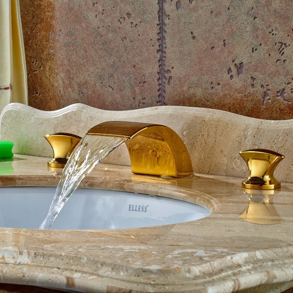 

Golden Finished Deck Mounted Bathroom Sink Faucet Dual Handle Hot and Cold Water Mixer Tap