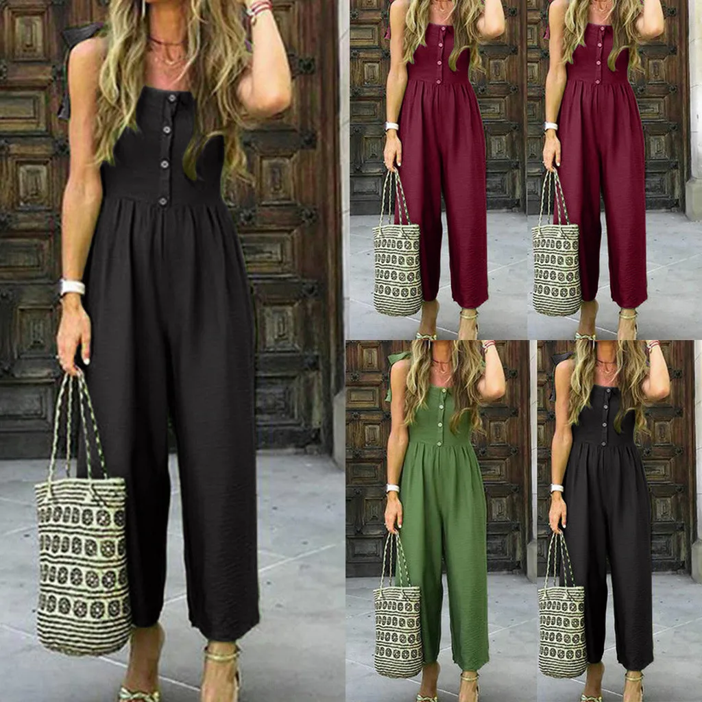 

2019 Hot Sale Solid Color Jumpsuit Womens Casual Summer Solid With Buttons Shoulder Strap Bandagws Casual Jumpsuit overalls #C6