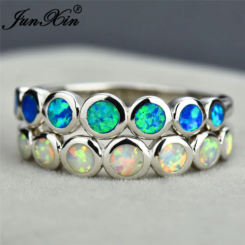 JUNXIN минималистичные женские кольца с белым и синим огненным опалом для женщин, 925 пробы, серебряное круглое обручальное кольцо для девочек