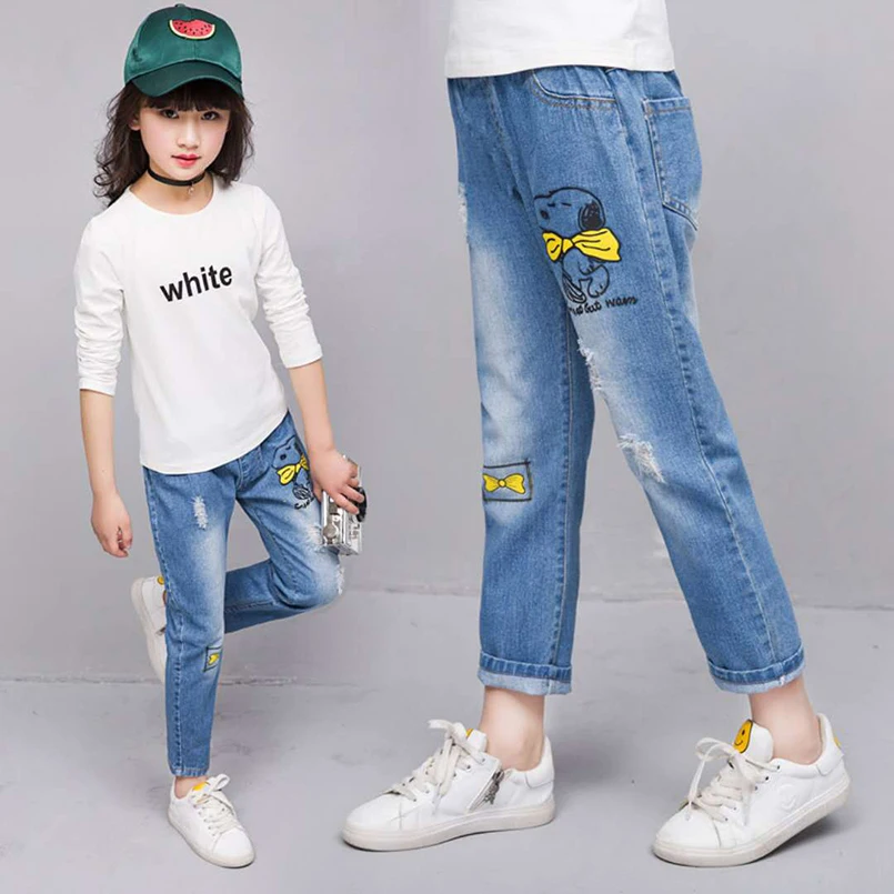 Новые джинсы для девочек, детские джинсы, детские штаны с вышивкой в виде кролика, штаны для подростков, одежда для девочек на весну и осень