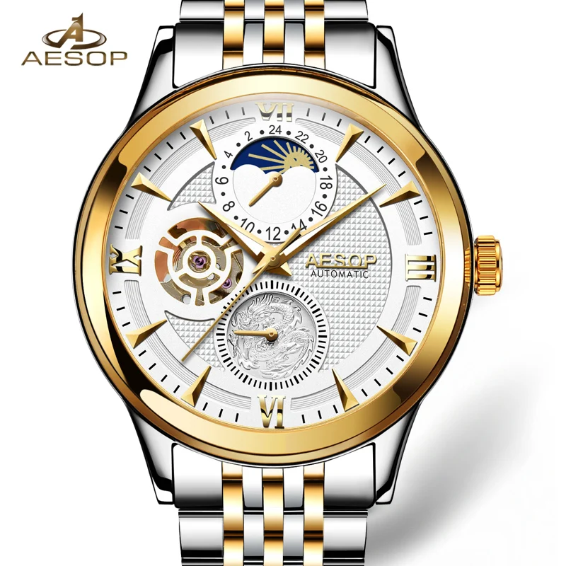 

Fashion AESOP Moon Phase watch men Stainless steel Automatic mechanical Sapphire waterproof date white watch relogio masculino