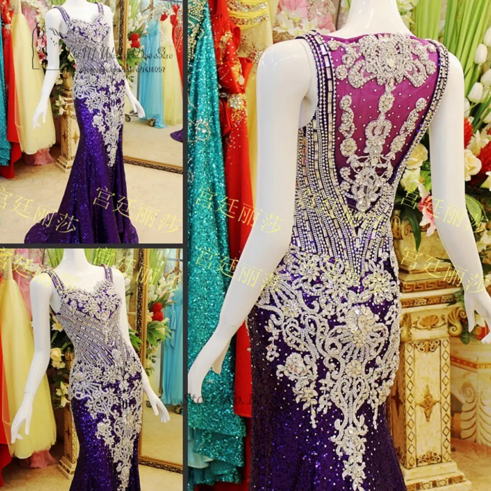 Luxury Formal Purple Rhinestone Evening Dress Dubai Abendkleider Arab Mermaid Long Prom Dresses Party Gowns Sequin