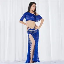 2 Pieces Women Belly Dance Costume Lace Top Long Skirt Sexy Outfits Dancewear Elastic Off shoulder Dancing Clothes Dancer Wear