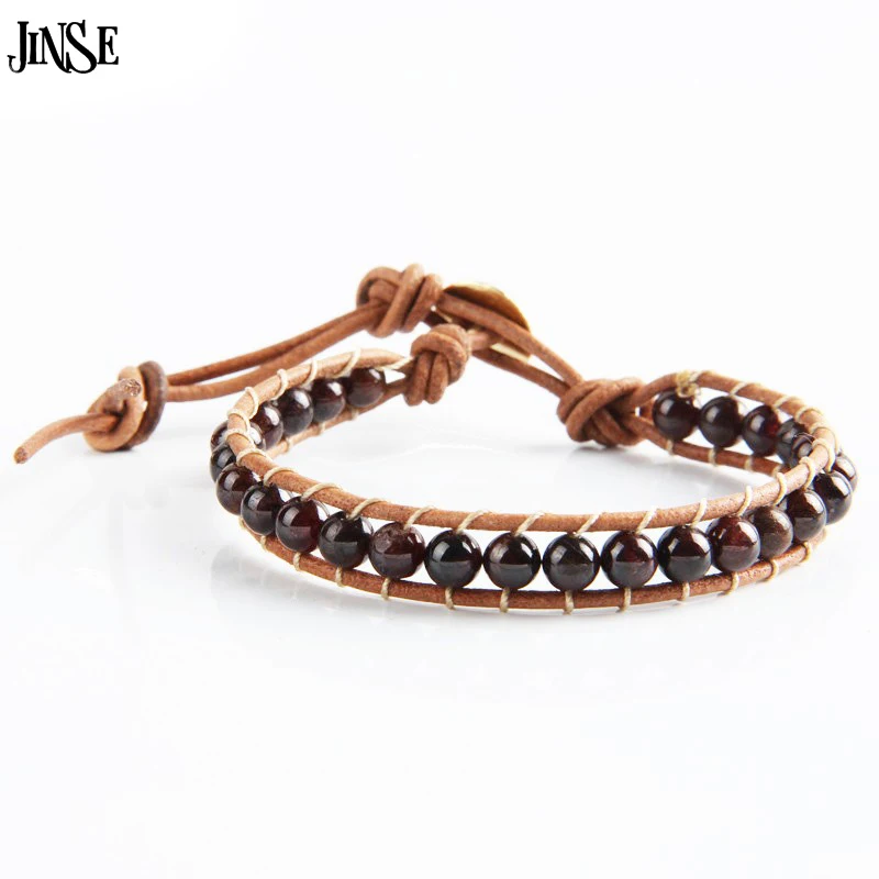 

Leather Beaded 1 Wrap 6mm Natural Garnet Bracelet Beads Bracelets Conducive to Health Women Men Jewelry