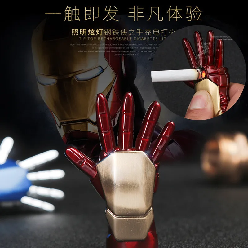 

Mini Iron Man Hand USB Electronic Cigarette Lighter with Luminous Led Light Key Chain Flameless Plasma Arc Lighter Gifts For Men