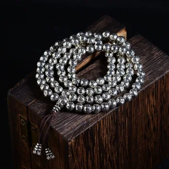

Thai silver wholesale S925 silver antique style buddhist six words 6 mm silver bracelet for women 108 beads