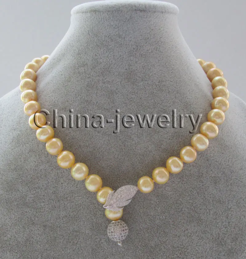 

Free shipping hot sale Women Bridal Wedding Jewelry >> 17.5" 11-12mm golden round freshwater pearl necklace