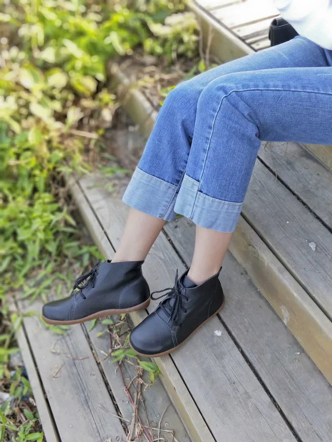 Женские ботильоны; женские ботинки из натуральной кожи ручной работы размера плюс; обувь на шнуровке с круглым носком; женская обувь; обувь для вождения