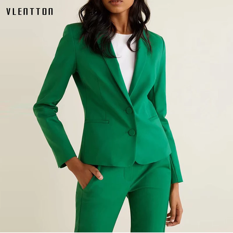 

2019 Work Pant Suits Green 2 Piece Set for Women Single Breasted Slim Short Blazer Jacket & Trouser Office Ladies Suit Feminino