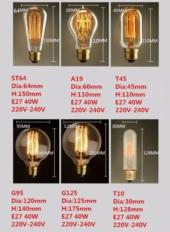 60 Вт 40 Вт старинные ретро Стиль светильник ing накаливания Эдисона лампа светильник лампочка E27 110V 220V G125 G95 ST64 T45 A19 T10