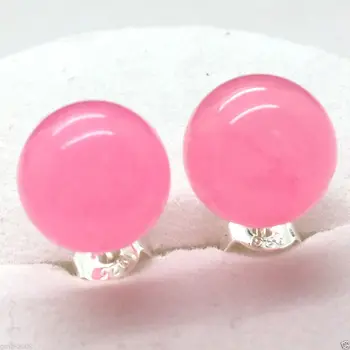 

Hot sale new Style >>>>Genuine Natural 10mm Pink Jade Round Beads 925 Sterling Silver Stud Earrings