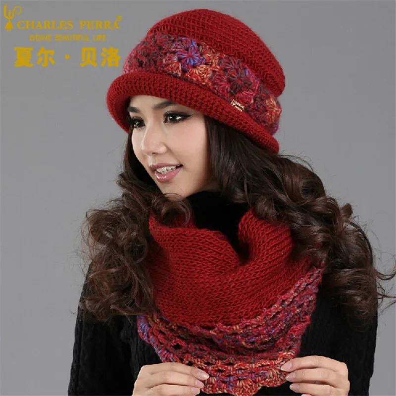 Charles Perra женские наборы шарф шапка Зима утолщаются шерсть вязаные шапки Повседневная мода ручной работы тканые шерстяные шапочки шапки SCD5 - Цвет: red sets