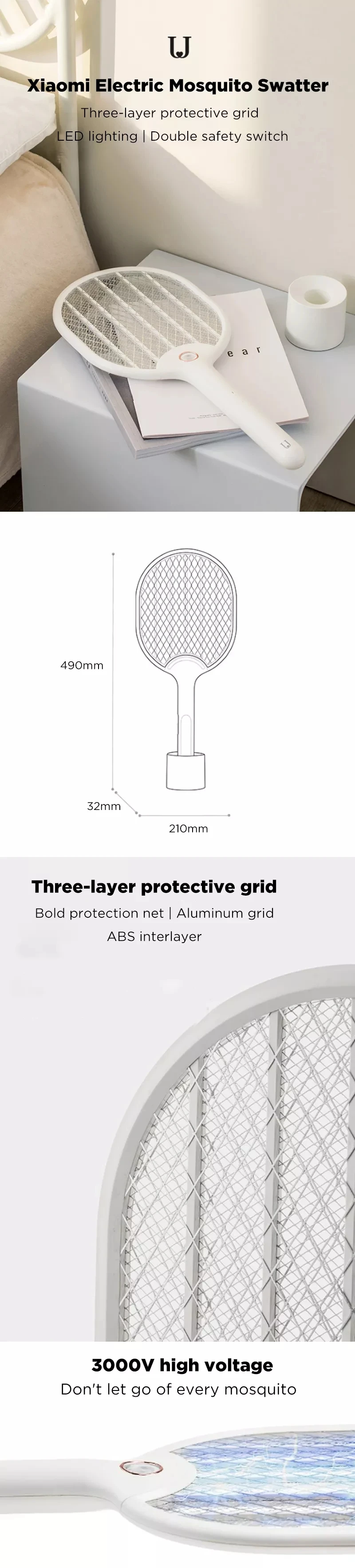 Новинка Xiaomi Jordan& judy 3000V электрическая ловушка для комаров трехслойная анти-электрическая ударная сетка usb зарядка с базовым кронштейном